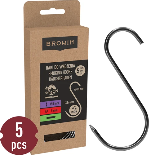 S-shaped hooks for smoking - sharpened - 150 mm, Ø 5 mm, 5 pcs  - 1 ['hook for smoking', ' hook for smoking meat', ' hook for smoking processed meat', ' hook for processed meat', ' smoking hooks', ' stainless hooks', ' S-shaped smoking hooks', ' hook set', ' hooks for smoker', ' hooks for meat drying', ' hooks for cheese', ' classic hooks', ' hooks with conical tip']