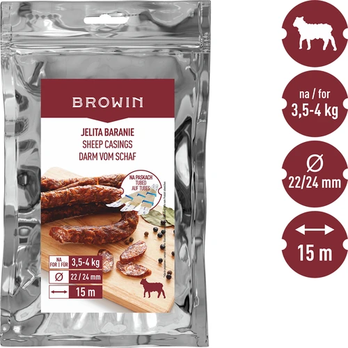Sheep casings - Φ22/24 mm, on strips, 15 m - 3 ['for homemade sausage', ' casings for sausage', ' make your own sausage', ' homemade sausage', ' for smoked sausage', ' for scalded sausage', ' mutton casings', ' casings on strips', ' casings for a lot of stuffing', ' casings for cold cuts', ' charcuterie casings', ' natural casings', ' homemade charcuterie', ' casings for stuffing machines', ' mutton casings on strips', ' natural casings on strips']