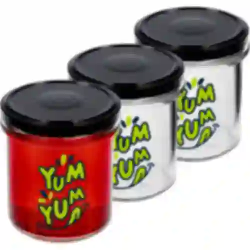 346 ml twist-off jar with a “Yum Yum” print – black lid Ø82/6, 3 pcs - cardboard box