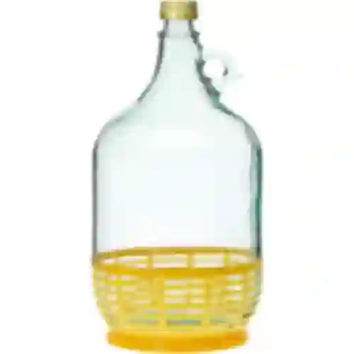 Lady demijohn 5 L with a screw cap, with a plastic basket (white glass, golden screw cap)