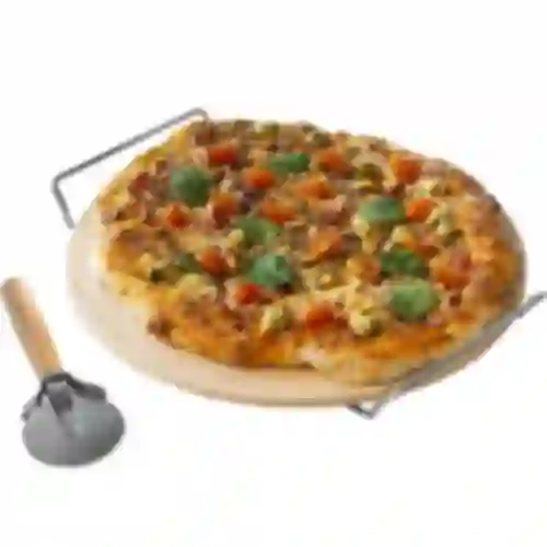 Pizza stone with stand and cutter, made of cordierite, round, 33 cm