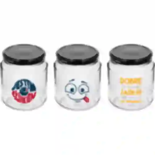 TO 580 ml fi 82 jar with colour print and black lid, 3pcs.