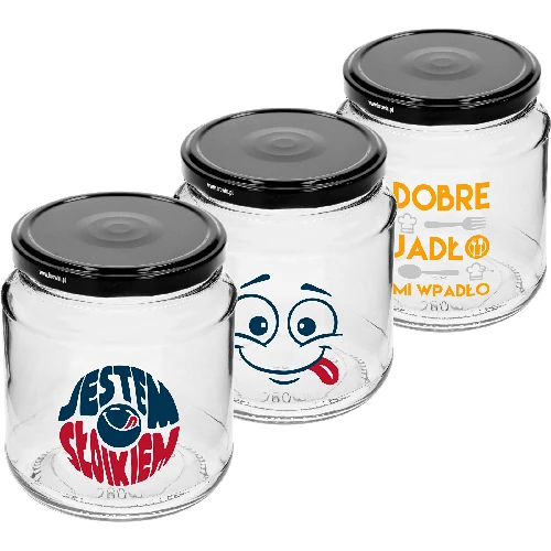 TO 580 ml fi 82 jar with colour print and black lid, 3pcs. - 2 ['Printed jar', ' for preserves', ' jar with inscriptions', ' decorative jar', ' jar with lid', ' 500 ml jar', ' decorative jar', ' black jar lids']