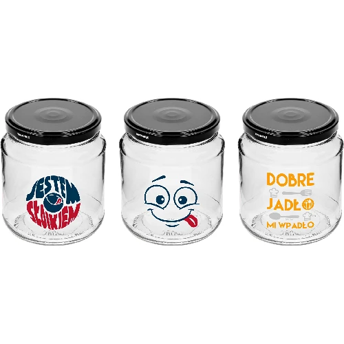 TO 580 ml fi 82 jar with colour print and black lid, 3pcs.  - 1 ['Printed jar', ' for preserves', ' jar with inscriptions', ' decorative jar', ' jar with lid', ' 500 ml jar', ' decorative jar', ' black jar lids']