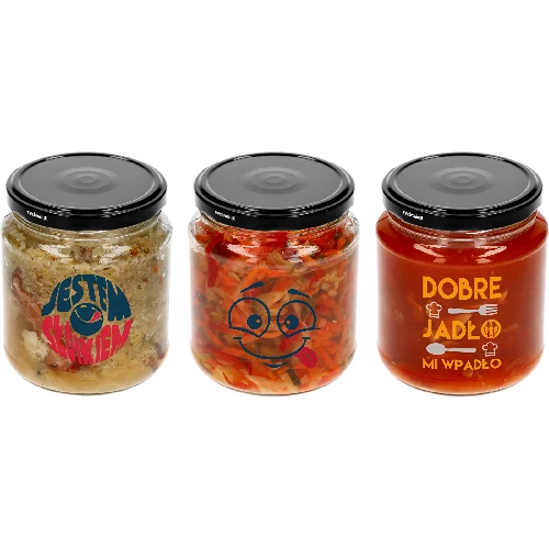 TO 580 ml fi 82 jar with colour print and black lid, 3pcs. - 3 ['Printed jar', ' for preserves', ' jar with inscriptions', ' decorative jar', ' jar with lid', ' 500 ml jar', ' decorative jar', ' black jar lids']