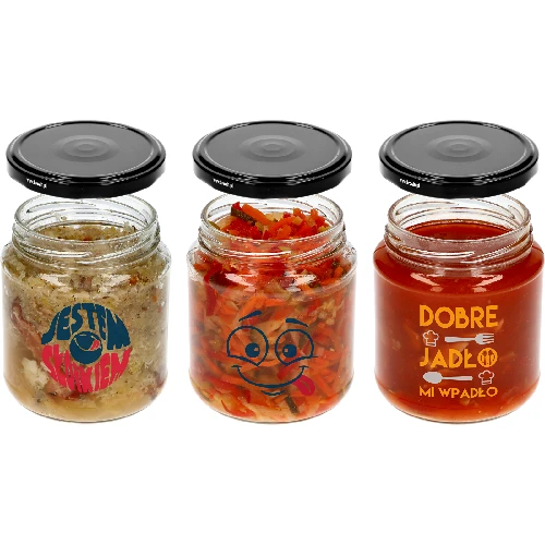 TO 580 ml fi 82 jar with colour print and black lid, 3pcs. - 4 ['Printed jar', ' for preserves', ' jar with inscriptions', ' decorative jar', ' jar with lid', ' 500 ml jar', ' decorative jar', ' black jar lids']