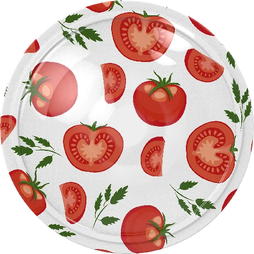 Tomato-patterned Ø66/4 lids -  10 pcs  - 1 ['white lid', ' colourful tomato pattern', ' pasteurisation', ' process control', ' storage', ' Tomatoes size Ø66', ' larder decoration', ' lids for pasteurisation', ' vegetable lids', ' tomato lids']