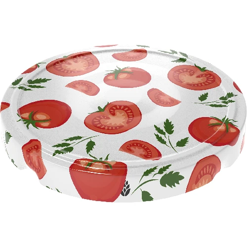 Tomato-patterned Ø66/4 lids -  10 pcs - 2 ['white lid', ' colourful tomato pattern', ' pasteurisation', ' process control', ' storage', ' Tomatoes size Ø66', ' larder decoration', ' lids for pasteurisation', ' vegetable lids', ' tomato lids']