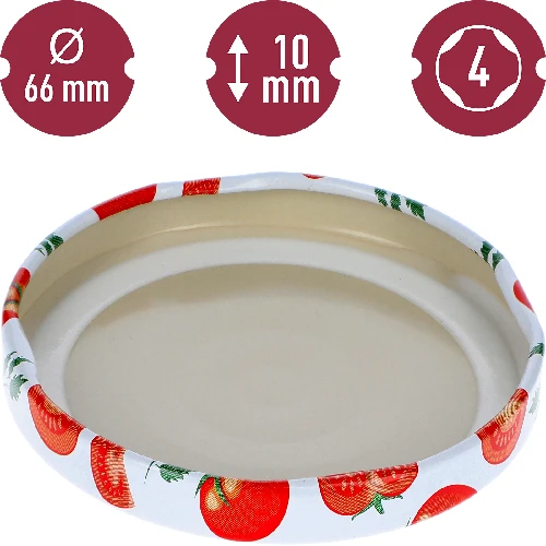 Tomato-patterned Ø66/4 lids -  10 pcs - 4 ['white lid', ' colourful tomato pattern', ' pasteurisation', ' process control', ' storage', ' Tomatoes size Ø66', ' larder decoration', ' lids for pasteurisation', ' vegetable lids', ' tomato lids']