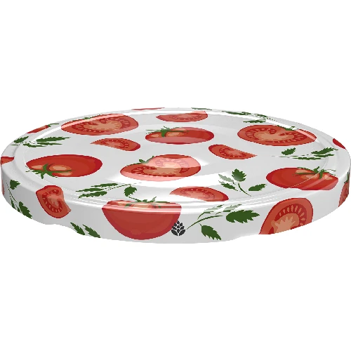 Tomato-patterned Ø82/6 lids -  10 pcs - 2 ['white lid', ' colourful tomato pattern', ' pasteurisation', ' process control', ' storage', ' Tomatoes size Ø82', ' larder decoration', ' lids for pasteurisation', ' vegetable lids', ' tomato lids']