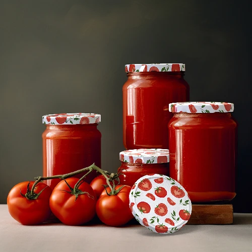 Tomato-patterned Ø82/6 lids -  10 pcs - 6 ['white lid', ' colourful tomato pattern', ' pasteurisation', ' process control', ' storage', ' Tomatoes size Ø82', ' larder decoration', ' lids for pasteurisation', ' vegetable lids', ' tomato lids']