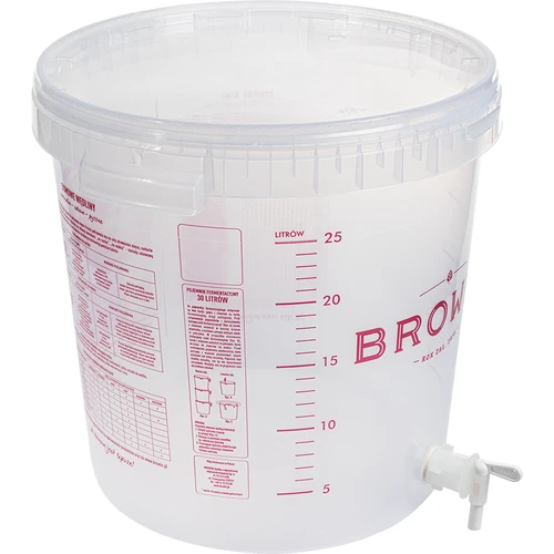 Transparent 30 L fermentation container with a print, a tap, and a lid - 2 ['fermentation container', ' fermentation bucket', ' small fermentation bucket', ' fermentation container', ' fermentation container for wine', ' fermentation containers for wine', ' biowin fermentation bucket', ' browin fermentation bucket']