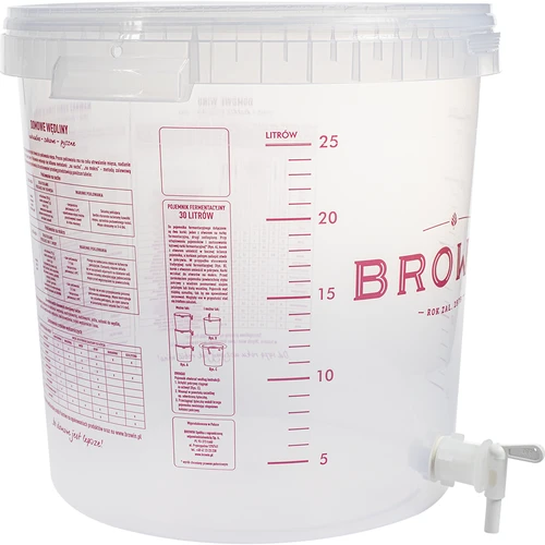 Transparent 30 L fermentation container with a print, a tap, and a lid - 5 ['fermentation container', ' fermentation bucket', ' small fermentation bucket', ' fermentation container', ' fermentation container for wine', ' fermentation containers for wine', ' biowin fermentation bucket', ' browin fermentation bucket']