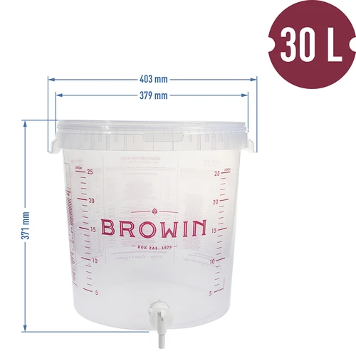 Transparent 30 L fermentation container with a print, a tap, and a lid - 13 ['fermentation container', ' fermentation bucket', ' small fermentation bucket', ' fermentation container', ' fermentation container for wine', ' fermentation containers for wine', ' biowin fermentation bucket', ' browin fermentation bucket']