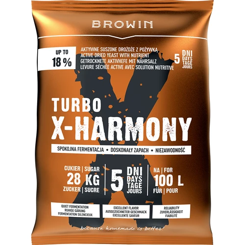 Turbo X-Harmony 18% yeast, 100 L, 360 g  - 1 ["distiller's yeast", ' alcohol yeast', ' turbo yeast', ' harmony yeast', ' 18% yeast', ' moonshine yeast', ' for moonshine', ' distiller’s yeast for 100 litres', ' 100 L batch', ' pure fermentation', ' sugar batches', ' for batches', ' for sugar batches', ' calm fermentation', ' nice aroma during fermentation', ' stable fermentation', ' easy fining', ' distillation', ' x yeast', ' Browin yeast', ' 18% yeast', ' alco yeast', ' recommended yeast', ' high quality yeast', ' dry yeast with nutrient', ' easy batch fining']