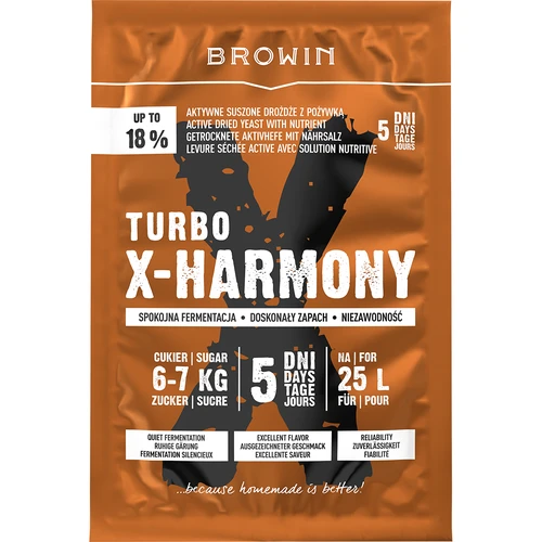 Turbo X-Harmony 18% yeast, 25 L, 138 g  - 1 ['Try out the excellent Turbo X-Harmony 18% in 5 days distiller’s yeast for 25 L - this innovative result of Polish biotechnological research was created to ensure stable', ' calm and effective fermentation', ' excellent aroma and quality of the final product. Harmony in its pure form!']