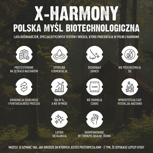 Turbo X-Harmony 18% yeast, 25 L, 138 g - 8 ['Try out the excellent Turbo X-Harmony 18% in 5 days distiller’s yeast for 25 L - this innovative result of Polish biotechnological research was created to ensure stable', ' calm and effective fermentation', ' excellent aroma and quality of the final product. Harmony in its pure form!']