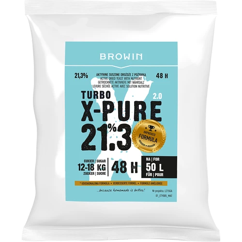 Turbo X-Pure 21.3% yeast, 50 L  - 1 ['distiller’s yeast', ' yeast for alcohol', ' turbo yeast', ' pure yeast', ' 21.3% yeast', ' yeast for moonshine', ' for bootleg', ' distiller’s yeast for 50 L', ' 50 L batch', ' pure fermentation', ' sugar batches', ' for high-alcohol-content batches', ' for sugar batches', ' high alcohol content', ' distillation', ' over 21%', ' quick fermentation', ' Browin yeast', ' 21% yeast', ' alco yeast', ' alko yeast', ' strong yeast', ' pure fermentation']