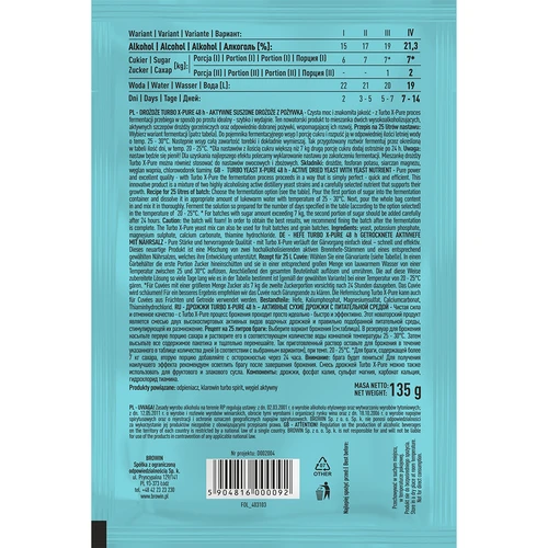 TURBO YEAST X-PURE - active dried yeast with yeast nutrient, 135 g - 3 ['distiller  yeast', ' sugar yeast', ' for high proof settings', ' for sugar settings', ' for fruit settings', ' for grain settings', ' high alcohol percentage', ' turbo yeast', ' distillation', ' over 21%', ' fast fermentation', ' Browin yeast', ' for moonshine', ' 21% yeast', ' pure yeast', ' alco yeast', ' alko yeast', ' strong yeast']