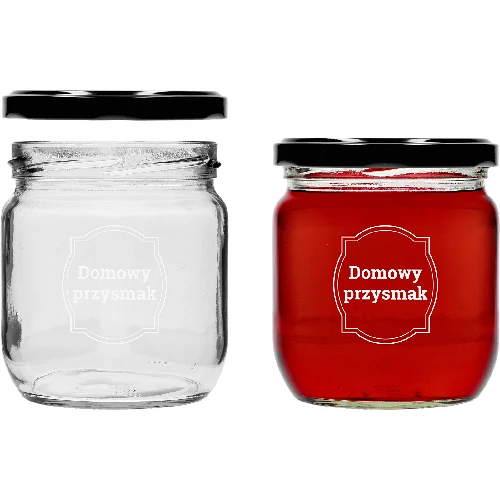 Twist off jar, 425 ml, with “Domowy przysmak” print and lid, 3 pcs - 4 ['printed jars', ' decorative jars', ' jars with screw caps', ' preserving jars', ' elegant jars', ' jam jars', ' printed jars', ' graphic jars', ' preserving jars', ' pantry jars']