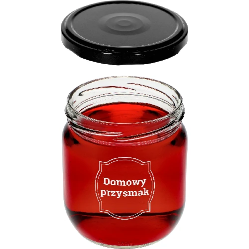 Twist off jar, 425 ml, with “Domowy przysmak” print and lid, 3 pcs - 5 ['printed jars', ' decorative jars', ' jars with screw caps', ' preserving jars', ' elegant jars', ' jam jars', ' printed jars', ' graphic jars', ' preserving jars', ' pantry jars']