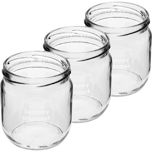 Twist off jar, 425 ml, with “Domowy przysmak” print and lid, 3 pcs - 3 ['printed jars', ' decorative jars', ' jars with screw caps', ' preserving jars', ' elegant jars', ' jam jars', ' printed jars', ' graphic jars', ' preserving jars', ' pantry jars']