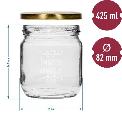 Twist off jar, 425 ml, with “Home made” print and lid, 3 pcs - 6 ['Printed jars', ' decorative jars', ' jars with screw caps', ' preserving jars', ' elegant jars', ' jam jars', ' printed jars', ' graphic jars', ' preserving jars', ' pantry jars']