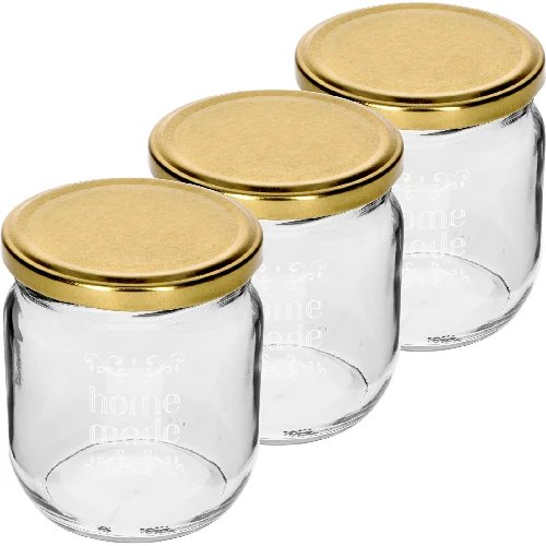 Twist off jar, 425 ml, with “Home made” print and lid, 3 pcs - 2 ['Printed jars', ' decorative jars', ' jars with screw caps', ' preserving jars', ' elegant jars', ' jam jars', ' printed jars', ' graphic jars', ' preserving jars', ' pantry jars']