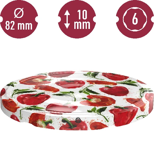 Twist-off lid Ø82/6 drawn bell peppers – 10 pcs - 3 ['twist-off lids Ø82/6', ' twist-off lids with bell pepper', ' twist-off lids for preserves', ' twist-off lids for jars', ' decorative twist-off lids', ' ornamental twist-off lids', ' twist-off lids with print', ' pickled bell pepper', ' brine-pickled bell pepper']