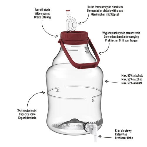 Unbreakable Demijohn - 10 L with braces - 5 ['shatterproof demijohn', ' PET demijohn', ' lightweight demijohn', ' demijohn for wine', ' demijohn with tap', ' demijohn with small tap', ' demijohn for winemaking', ' demijohn with discharge tap', ' plastic demijohn', ' demijohn for fermenting', ' demijohn 10L']