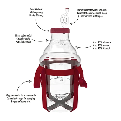 Unbreakable Demijohn - 15 L with braces - 4 ['demijohns', ' beer balloons', ' wine containers', ' beer containers', ' PET containers', ' wide-bore balloons', ' wine kits', ' unbreakable containers', ' fermentation containers', ' fermentation balloons', ' balloons with cap', ' demijohn with accessories', ' wine novelties', ' home-made wine', ' home-made beer', ' carrying straps', ' ', ' plastic', ' unbreakable', ' fermentor', ' dymion', ' gourd', ' gallon', ' wine', ' beer', ' with straps', ' kit']