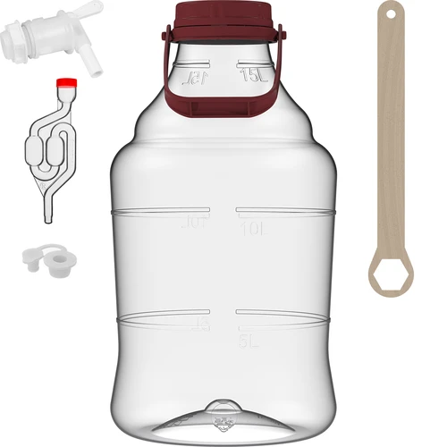 Unbreakable Demijohn - 15 L with braces - 2 ['shatterproof demijohn', ' PET demijohn', ' lightweight demijohn', ' demijohn for wine', ' demijohn with tap', ' demijohn with small tap', ' demijohn for winemaking', ' demijohn with discharge tap', ' plastic demijohn', ' demijohn for fermenting', ' demijohn 15L']