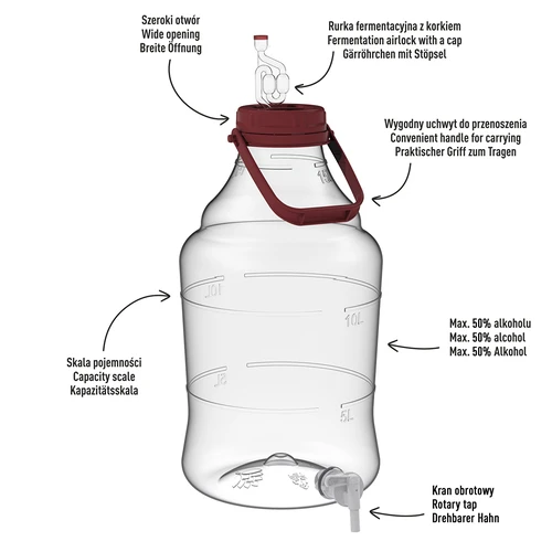 Unbreakable Demijohn - 15 L with braces - 5 ['shatterproof demijohn', ' PET demijohn', ' lightweight demijohn', ' demijohn for wine', ' demijohn with tap', ' demijohn with small tap', ' demijohn for winemaking', ' demijohn with discharge tap', ' plastic demijohn', ' demijohn for fermenting', ' demijohn 15L']