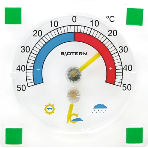 Universal thermometer with a hygrometer, transparent, self-adhesive (-50°C to +50°C)  - 1 ['universal thermometer', ' outdoor thermometer', ' window thermometer', ' balcony thermometer', ' outdoor window thermometer', ' thermometer', ' thermometer legible scale', ' plastic thermometer', ' thermometer fixed to glass pane', ' self-adhesive thermometer', ' thermometer with hygrometer']