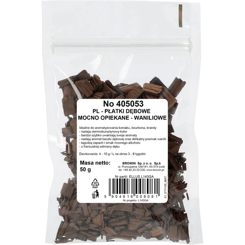 Vanilla wood flakes, heavily toasted, 50 g - 2 ['oak wood chips', ' strongly toasted oak wood chips', ' oak flakes', ' vanilla oak flakes for liquor', ' liquor additives', ' flavouring additives']