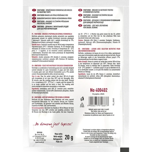 ViniTurbo - 20 g Fast fermentation kit - 2 ['yeast with nutrient', ' wine yeast with nutrient', ' yeast and nutrient for wine', ' wine nutrient', ' active dried wine yeast', ' wine yeast', ' yeast for wine', ' dried wine yeast', ' dried yeast', ' dried yeast for wine', ' red wine yeast', ' white wine yeast', ' rosé wine yeast']