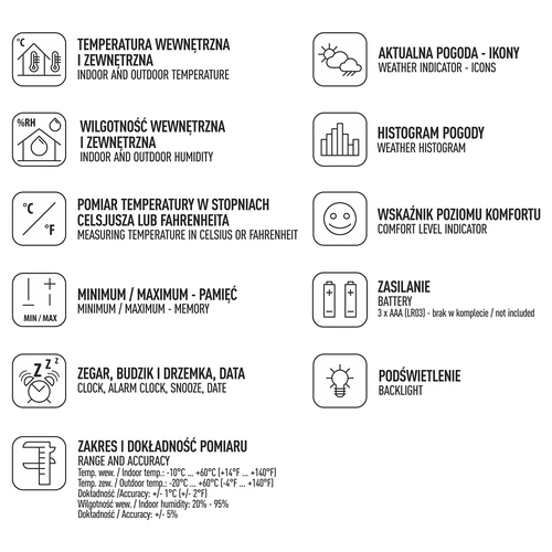 Weather station – electronic, backlit, probe, white - 6 ['weather station with probe', ' thermometer-hygrometer', ' multifunctional weather station', ' for temperature measurement', ' with clock', ' backlit display', ' min-max memory', ' humidity measurement', ' browin', ' weather station']