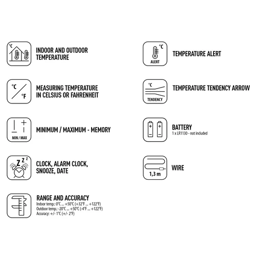Weather station – Electronic, probe, black - 2 ['clock thermometer', ' indoor thermometer', ' room thermometer', ' outdoor thermometer', ' hanging thermometer', ' standing thermometer']