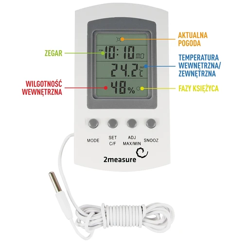 Weather station – electronic, probe, white - 5 ['weather station', ' household weather station', ' temperature', ' ambient temperature', ' temperature monitoring', ' electronic thermometer', ' indoor thermometer', ' outdoor thermometer', ' thermometer outside', ' thermometer with probe', ' electronic thermometer with probe', '  humidity meter', ' thermometer with hygrometer', ' thermometer with humidity meter', ' air humidity meter']