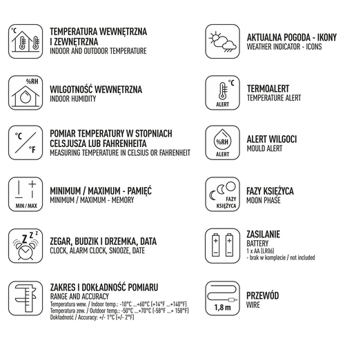 Weather station – electronic, probe, white - 6 ['weather station', ' household weather station', ' temperature', ' ambient temperature', ' temperature monitoring', ' electronic thermometer', ' indoor thermometer', ' outdoor thermometer', ' thermometer outside', ' thermometer with probe', ' electronic thermometer with probe', '  humidity meter', ' thermometer with hygrometer', ' thermometer with humidity meter', ' air humidity meter']