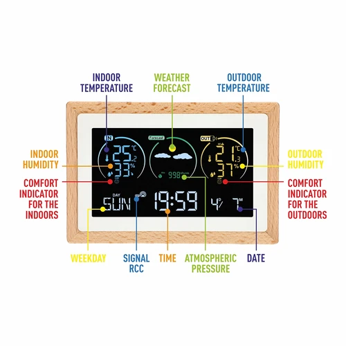 Weather station (RCC,DCF) - electronic, wireless, with backlit, sensor, white - 8 ['wireless weather station', ' outdoor and indoor temperature measurement', ' humidity measurement', ' weather station with calendar', ' weather station with alarm clock', ' precise weather station', ' weather station', ' electronic weather station', ' universal weather station', ' perfect weather measuring device']