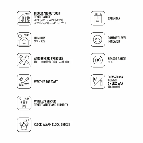 Weather station (RCC,DCF) - electronic, wireless, with backlit, sensor, white - 9 ['wireless weather station', ' outdoor and indoor temperature measurement', ' humidity measurement', ' weather station with calendar', ' weather station with alarm clock', ' precise weather station', ' weather station', ' electronic weather station', ' universal weather station', ' perfect weather measuring device']