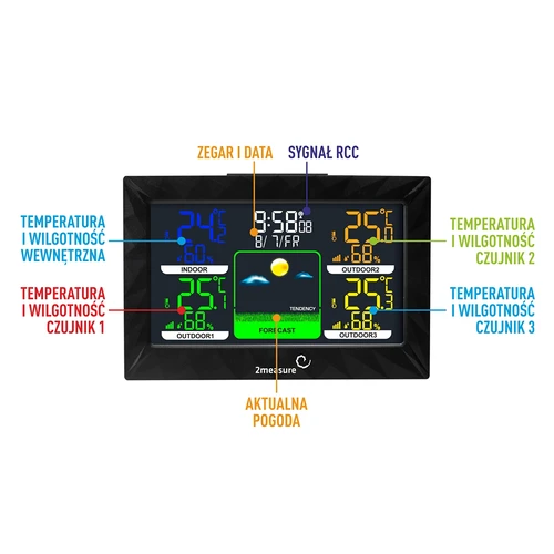 Weather station RCC – electronic, wireless, backlit, 3 sensors, black - 5 ['weather station', ' household weather station', ' temperature', ' ambient temperature', ' temperature monitoring', ' electronic thermometer', ' thermometer with sensor', ' indoor thermometer', ' outdoor thermometer', ' thermometer outside', ' meteorological station']