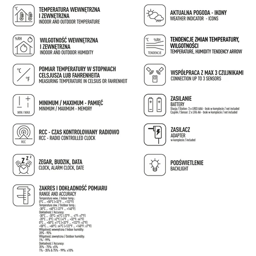 Weather station RCC – electronic, wireless, backlit, 3 sensors, black - 6 ['weather station', ' household weather station', ' temperature', ' ambient temperature', ' temperature monitoring', ' electronic thermometer', ' thermometer with sensor', ' indoor thermometer', ' outdoor thermometer', ' thermometer outside', ' meteorological station']