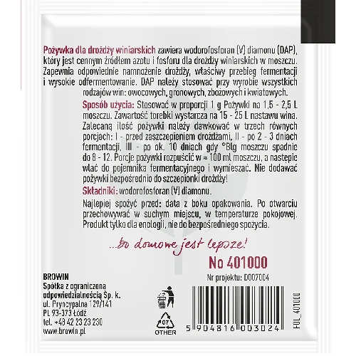 Wine yeast nutrient, 10 g - 2 ['nutrient for yeasts', ' wine medium', ' source of nitrogen and phosphorus for yeasts', ' mineral nutrient']