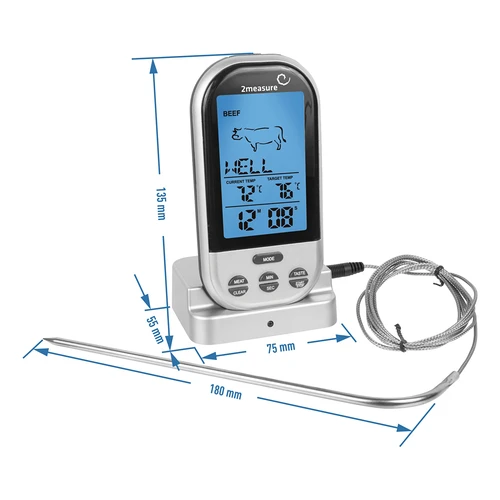 Wireless food thermometer (0°C to 250°C) - 3 ['temperature', ' roasting thermometer', ' oven thermometer', ' food thermometer', ' kitchen thermometer', ' cooking thermometer', ' catering thermometer', ' barbecue thermometer', ' smoking thermometer', ' food thermometer with probe', ' meat thermometer', ' thermometer with probe', ' kitchen thermometer with probe', ' meat probe']