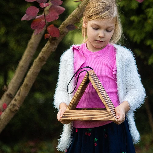 Wooden bird feeder, triangular - 9 ['birdhouse', ' bird house', ' bird feeding', ' wooden bird feeder', ' burnt wood feeder']