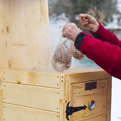 Wooden smoker, 100 cm, with firebox - 10 ['meat smoking', ' ham smoking', ' sausage smoking', ' backyard smoker', ' smoked products', ' how to smoke', ' smoker', ' wooden smoker', ' smoker with firebox', ' smoker made of wood', ' smokehouse', ' fish smoking', ' cheese smoking', ' smoker on base', ' sprucer wood smoker', ' smoker with side firebox', ' hand-made smoker', ' tall smoker', ' capacious smoker', ' metre-high smoker', ' grill']